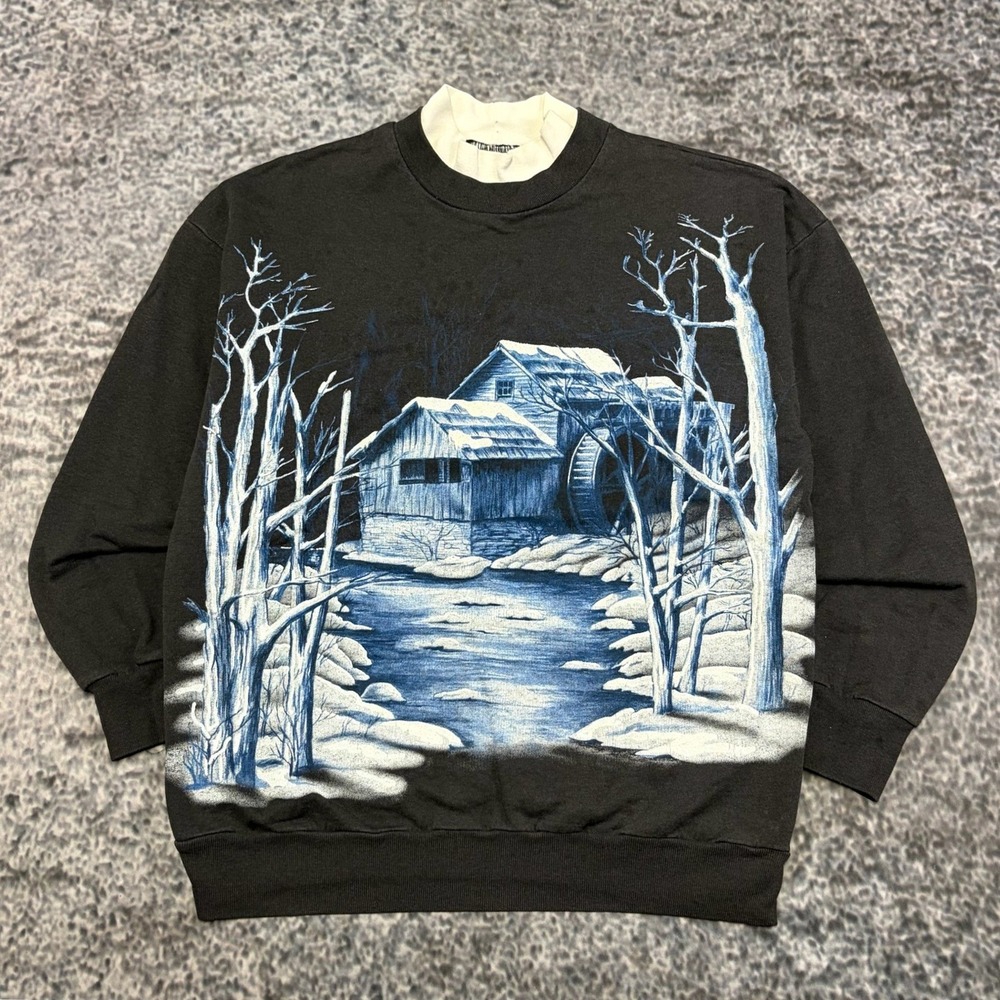VTG Basic Editions Crewneck Small Black Outdoor Snowy Forest Winter Sweatshirt